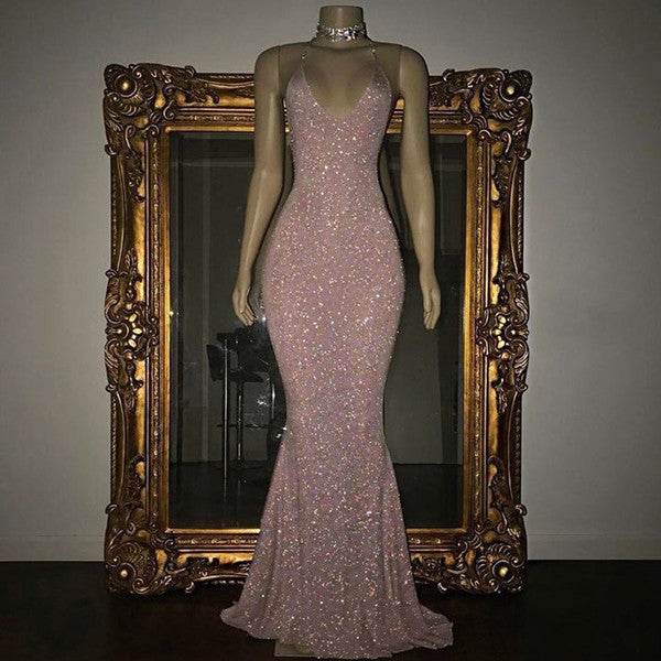 Mermaid Sleeveless Long Rose Pink Sequin Prom Dresses