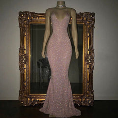 Mermaid Sleeveless Long Rose Pink Sequin Prom Dresses