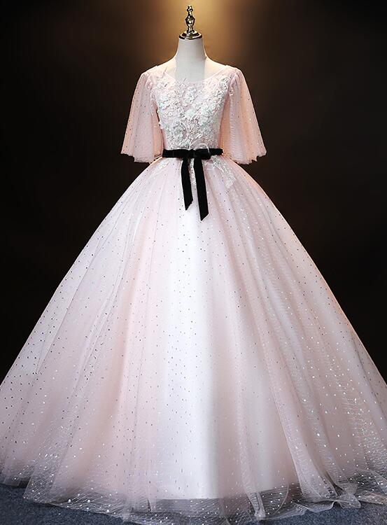 Lovely Pink Short Sleeves Tulle Ball Gown Shiny Sweet 16 Dress, Pink Formal Dress Party Dress