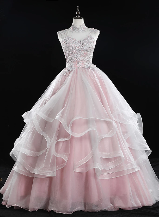Pink High Neck Tulle Lace Long Prom Dress, Pink Sweet 16 Gown