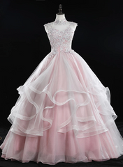 Pink High Neck Tulle Lace Long Prom Dress, Pink Sweet 16 Gown