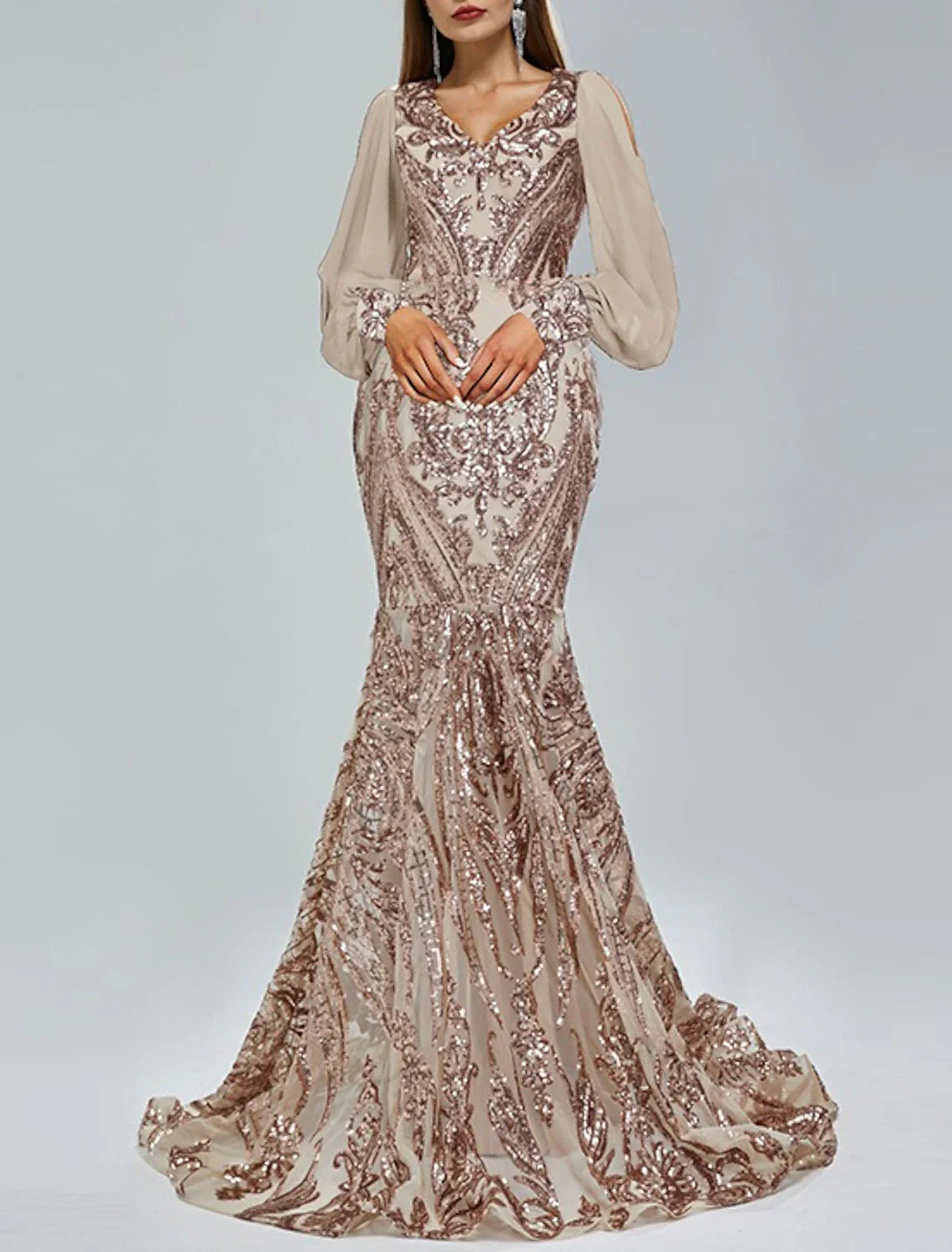 Mermaid / Trumpet Evening Gown Sparkle & Shine Dress Formal Wedding Guest Sweep / Brush Train Long Sleeve V Neck Lace with Sequin Appliques