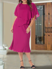 A-Line Mother of the Bride Dress Wedding Guest Elegant Plus Size Jewel Neck Tea Length Chiffon Short Sleeve with Ruffles