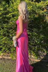 Mermaid Spaghetti Straps Fuchsia Long Satin Prom Dresses