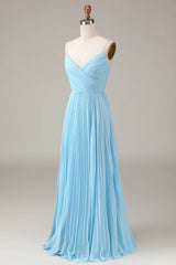 Pleated V-Neck Light Blue Chiffon Long Bridesmaid Dress