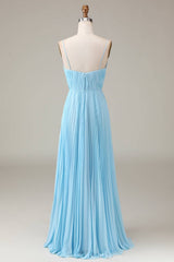 Pleated V-Neck Light Blue Chiffon Long Bridesmaid Dress