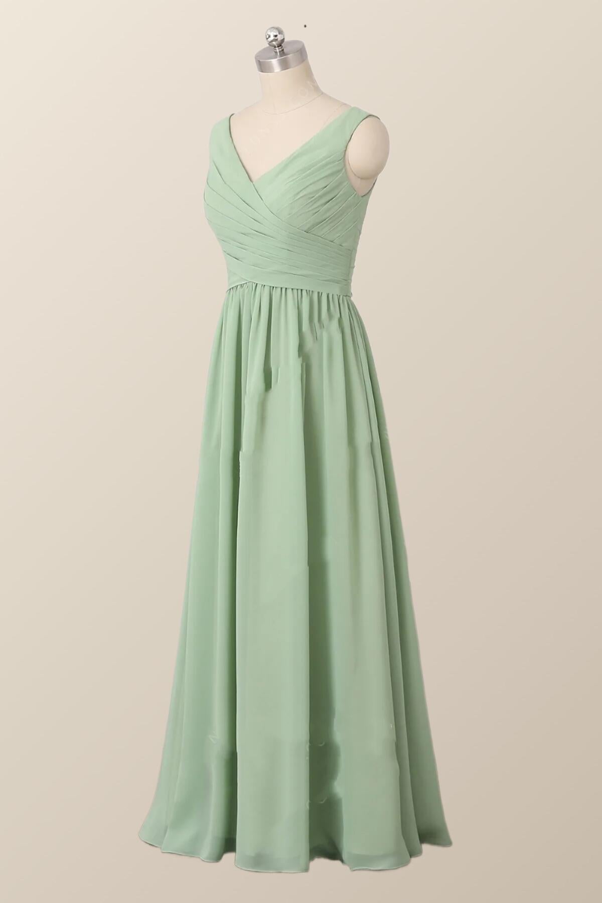 Geplooide v nek mint groene chiffon bruidsmeisje jurk