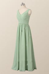 Geplooide v nek mint groene chiffon bruidsmeisje jurk