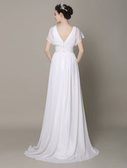 Plunging Chiffon Beach Wedding Dress A-Line Ivory V-Neck Pleated Belt Short Sleeves Bridal Dress With Court Train Exclusive