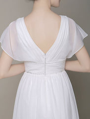Plunging Chiffon Beach Wedding Dress A-Line Ivory V-Neck Pleated Belt Short Sleeves Bridal Dress With Court Train Exclusive