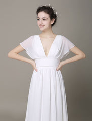 Plunging Chiffon Beach Wedding Dress A-Line Ivory V-Neck Pleated Belt Short Sleeves Bridal Dress With Court Train Exclusive