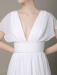 Plunging Chiffon Beach Wedding Dress A-Line Ivory V-Neck Pleated Belt Short Sleeves Bridal Dress With Court Train Exclusive