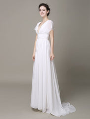 Plunging Chiffon Beach Wedding Dress A-Line Ivory V-Neck Pleated Belt Short Sleeves Bridal Dress With Court Train Exclusive