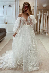 Plunging V-Neck Allover Lace Bohemian Wedding Dress with Sleeves Off Shoulder Beautiful