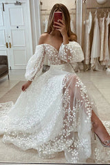 Plunging V-Neck Allover Lace Bohemian Wedding Dress with Sleeves Off Shoulder Beautiful