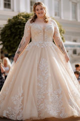 Plus Size A-Line Wedding Dress with Long Sleeves Romantic Tulle Bridal Gown