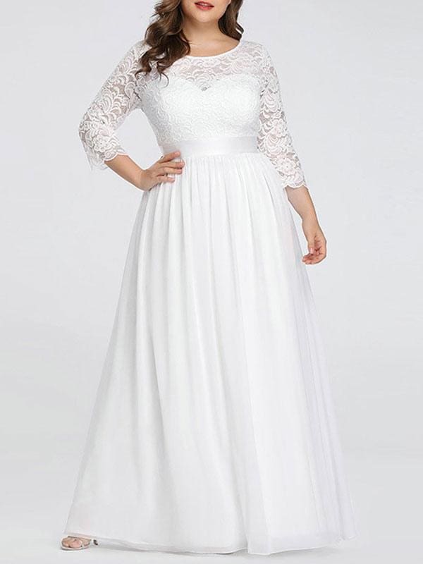 Plus Size A-Line Wedding Dresses Floor-Length 3/4 Length Sleeves Lace Jewel Neck Bridal Gowns