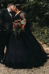 Plus Size Black Wedding Dress Aline V-Neck Tulle Short Sleeves Ball Gown