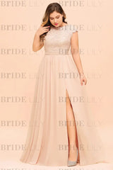 Plus Size Bridesmaid Dress Lace with Split Cap Sleeves Chiffon Wedding Guest Dress