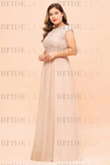 Plus Size Bridesmaid Dress Lace with Split Cap Sleeves Chiffon Wedding Guest Dress