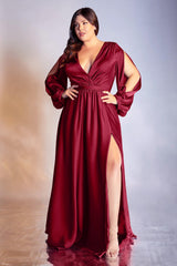 Cinderella Divine 7475C Plus Size Formal Long Sleeve Satin Dress