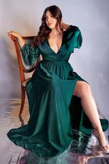 Cinderella Divine 7475C Plus Size Formal Long Sleeve Satin Dress