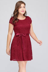 Plus Size Knee Length Jewel Burgundy Bridesmaid dress Lace with Short Sleeves