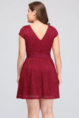 Plus Size Knee Length Jewel Burgundy Bridesmaid dress Lace with Short Sleeves