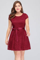 Plus Size Knee Length Jewel Burgundy Bridesmaid dress Lace with Short Sleeves