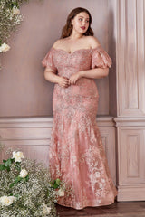 Cinderella Divine CD959C Plus Size Off Shoulder Long Prom Dress
