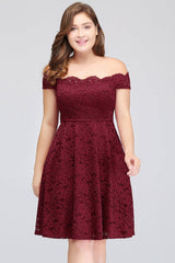 Plus Size Off-the-Shoulder Burgundy Short Bridesmaid Dress Lace