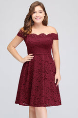 Plus Size Off-the-Shoulder Burgundy Short Bridesmaid Dress Lace