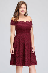 Plus Size Off-the-Shoulder Burgundy Short Bridesmaid Dress Lace