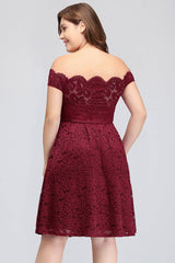 Plus Size Off-the-Shoulder Burgundy Short Bridesmaid Dress Lace
