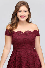 Plus Size Off-the-Shoulder Burgundy Short Bridesmaid Dress Lace