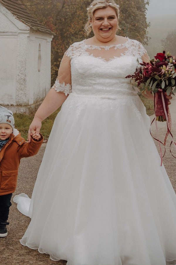 Plus Size Wedding Dresses Half Sleeves Tulle Lace Aline Dress for Bride