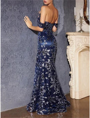 Mermaid / Trumpet Prom Dresses Party Dress Carnival Prom Court Train Sleeveless Off Shoulder Tulle with Glitter Sequin Slit