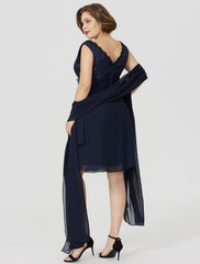 Aimishang A-Line Mother of the Bride Dress Classic & Timeless Plus Size Wrap Included V Neck Knee Length Chiffon Lace Sleeveless yes with Ruched Crystal Brooch