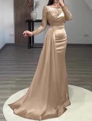 Mermaid Dress Evening Gown Red Green Dress Formal Wedding Guest Court Train Long Sleeve Jewel Neck Charmeuse with Ruched Pearls Sequin