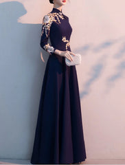A-Line Mother of the Bride Dress Elegant Simple High Neck Floor Length Stretch Fabric Long Sleeve with Pleats Appliques