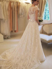 A-Line/Princess Sash/Ribbon/Belt Short Sleeves Square Court Train Applique Lace Wedding Dresses