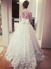 Ball Gown Long Sleeves High Neck Sweep/Brush Train Sash/Ribbon/Belt Lace Wedding Dresses
