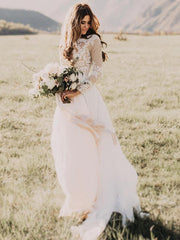 Wholesale A-Line/Princess Applique Tulle Scoop Long Sleeves Sweep/Brush Train Wedding Dresses