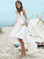 Wholesale A-Line/Princess Satin Ruched Sleeveless Spaghetti Straps Asymmetrical Wedding Dresses