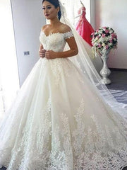 Wholesale Ball Gown Off-the-Shoulder Sleeveless Sweep/Brush Train Lace Tulle Wedding Dresses