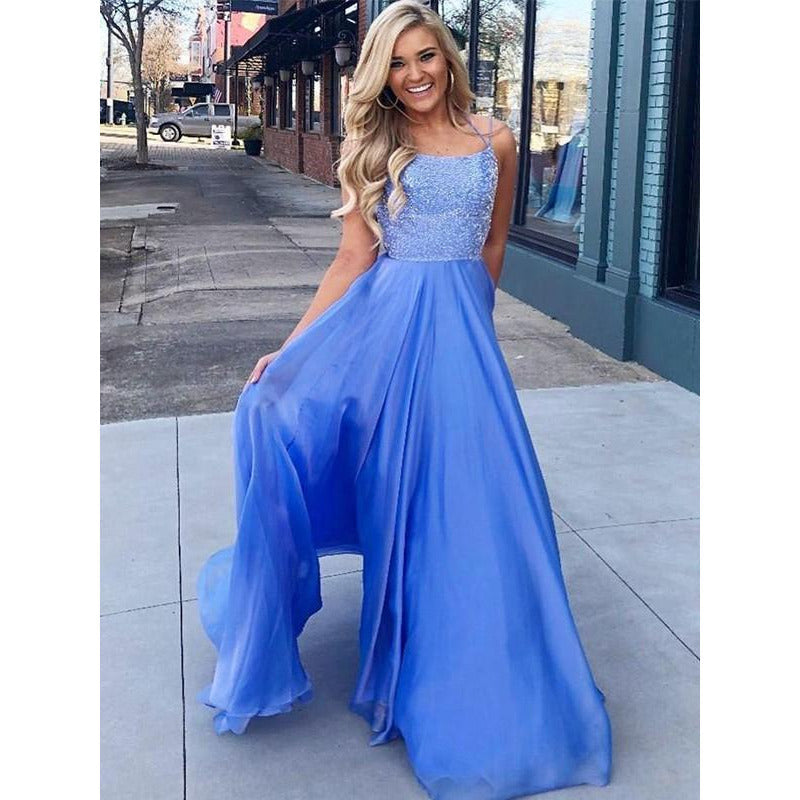 Princess Organza Beading Spaghetti Straps Floor-Length Prom Dress