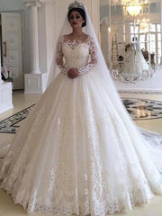 Ball Gown Tulle Applique Off-the-Shoulder Long Sleeves Sweep/Brush Train Wedding Dresses