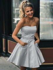 A-line satin ruffled edge strapless sleeveless short Homecoming Dress