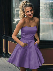 A-line satin ruffled edge strapless sleeveless short Homecoming Dress