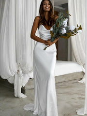 Woven Satin Ruched Spaghetti Straps Sweep/Brush Train Sleeveless Wedding Dresses